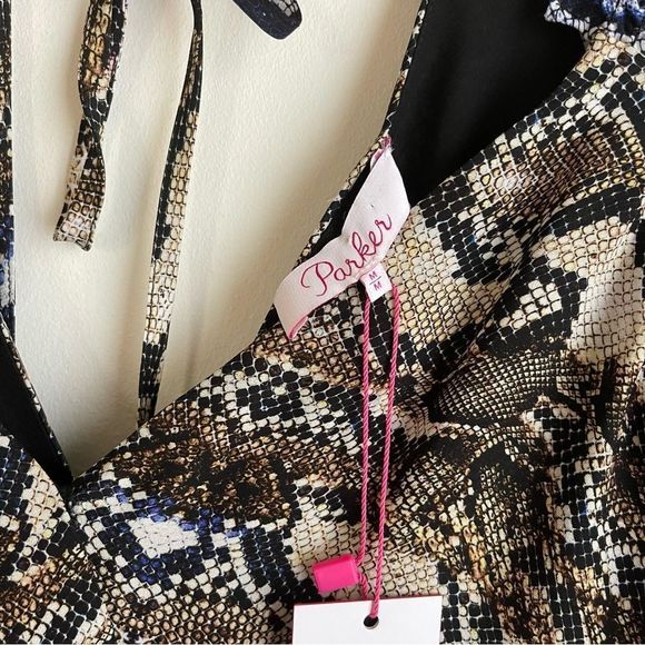 Parker Gladis Snakeskin Print Silk Ruffle Detail Dress Size Med NWT - Picture 9 of 12